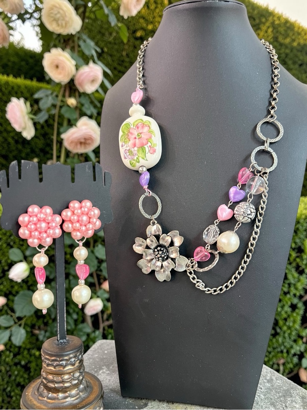 Elinor Upcycled Floral Necklace and Clip Earrings Set with Ceramic